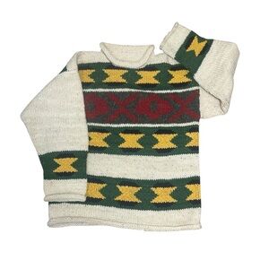 Patterned Knit Sweater - Cream, Green, Yellow